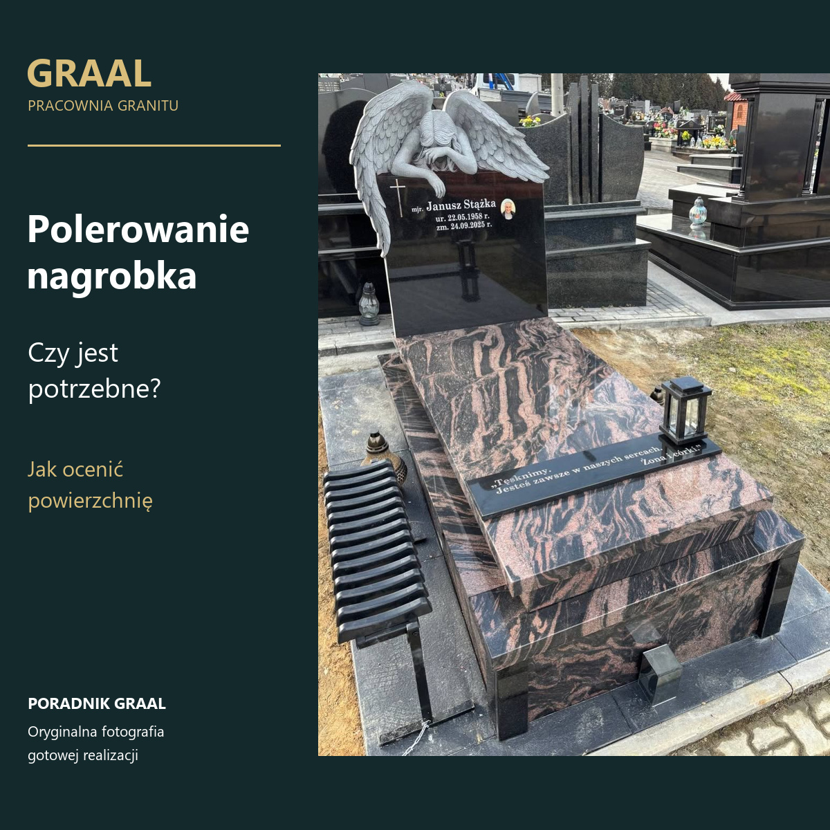 Polerowanie nagrobka — poradnik GRAAL z oryginalną fotografią pomnika z aniołem i różowo-czarną płytą
