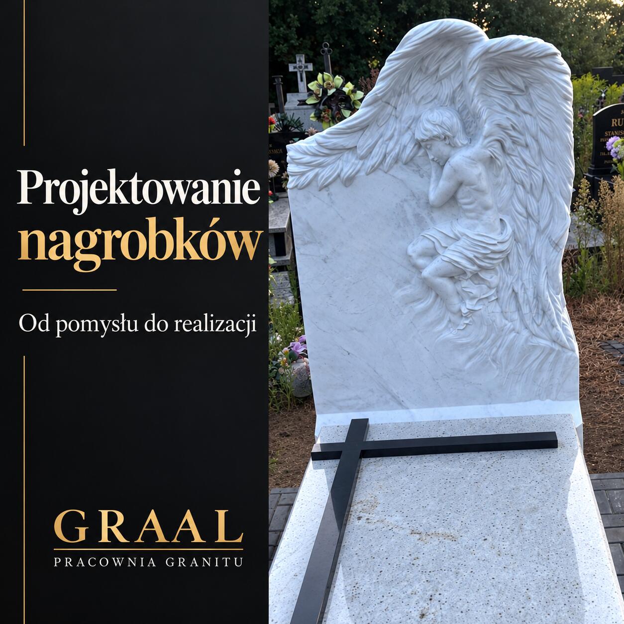Projektowanie nagrobków — okładka GRAAL z fotografią jasnej tablicy z aniołem i ciemnym krzyżem