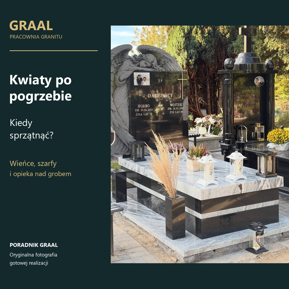 Kwiaty po pogrzebie — poradnik GRAAL z oryginalną fotografią udekorowanego nagrobka z aniołem