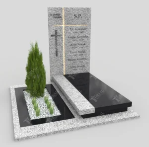 Nowoczesny pomnik z czarnego i jasnego granitu z krzyżem, nazwiskami i małym krzewem