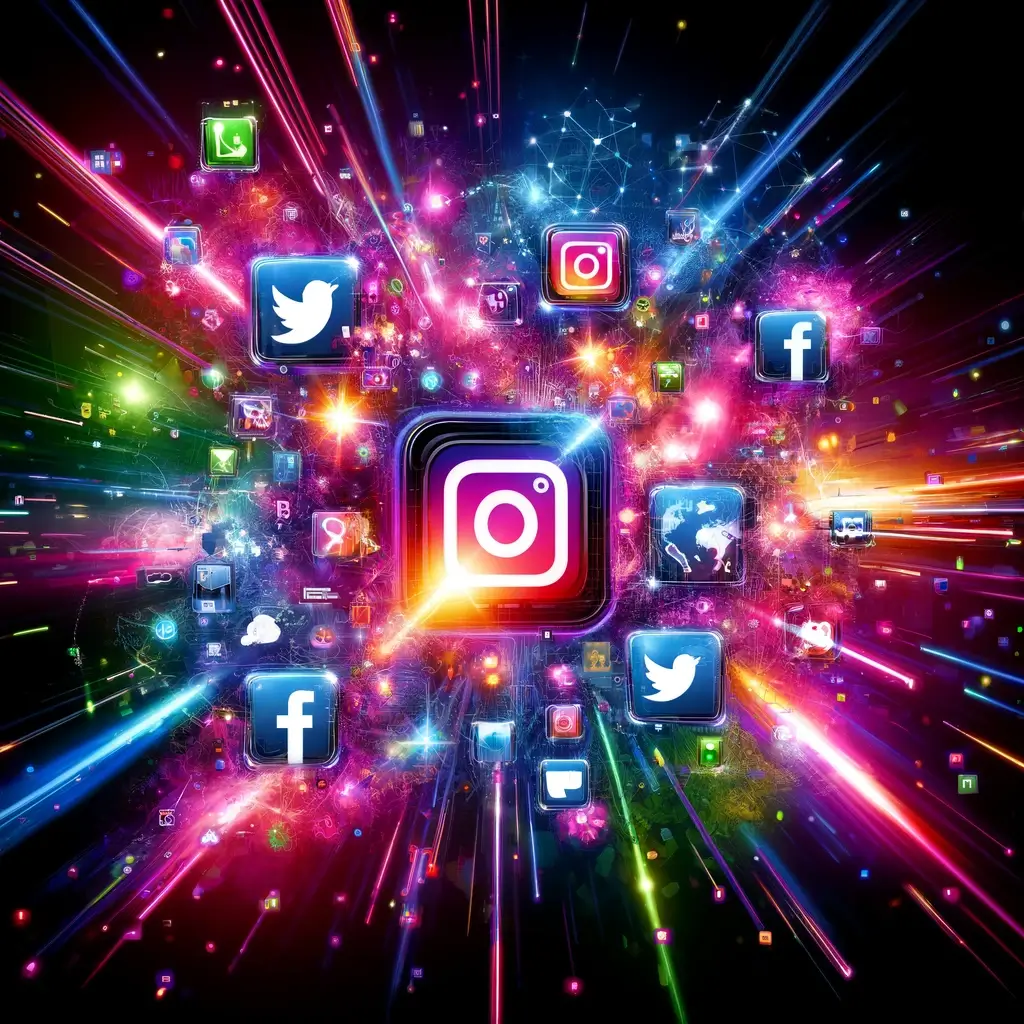 Symbole Instagram i Facebook, które starzeją się i zanikają na ciemnym tle