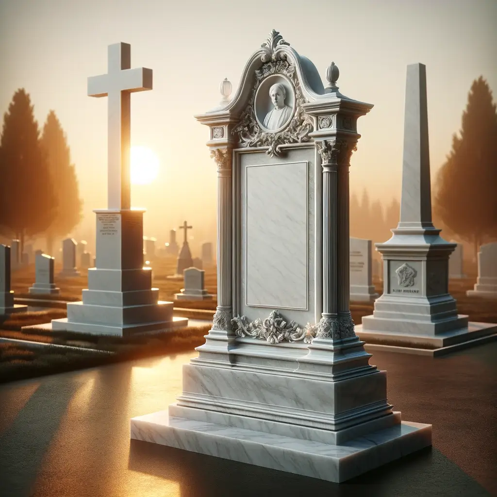 Biały granitowy nagrobek z krzyżem na cmentarzu