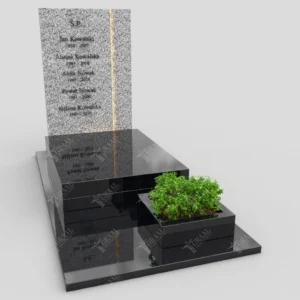 Nowoczesny pomnik z czarnego i jasnego granitu z wygrawerowanymi nazwiskami i krzewem
