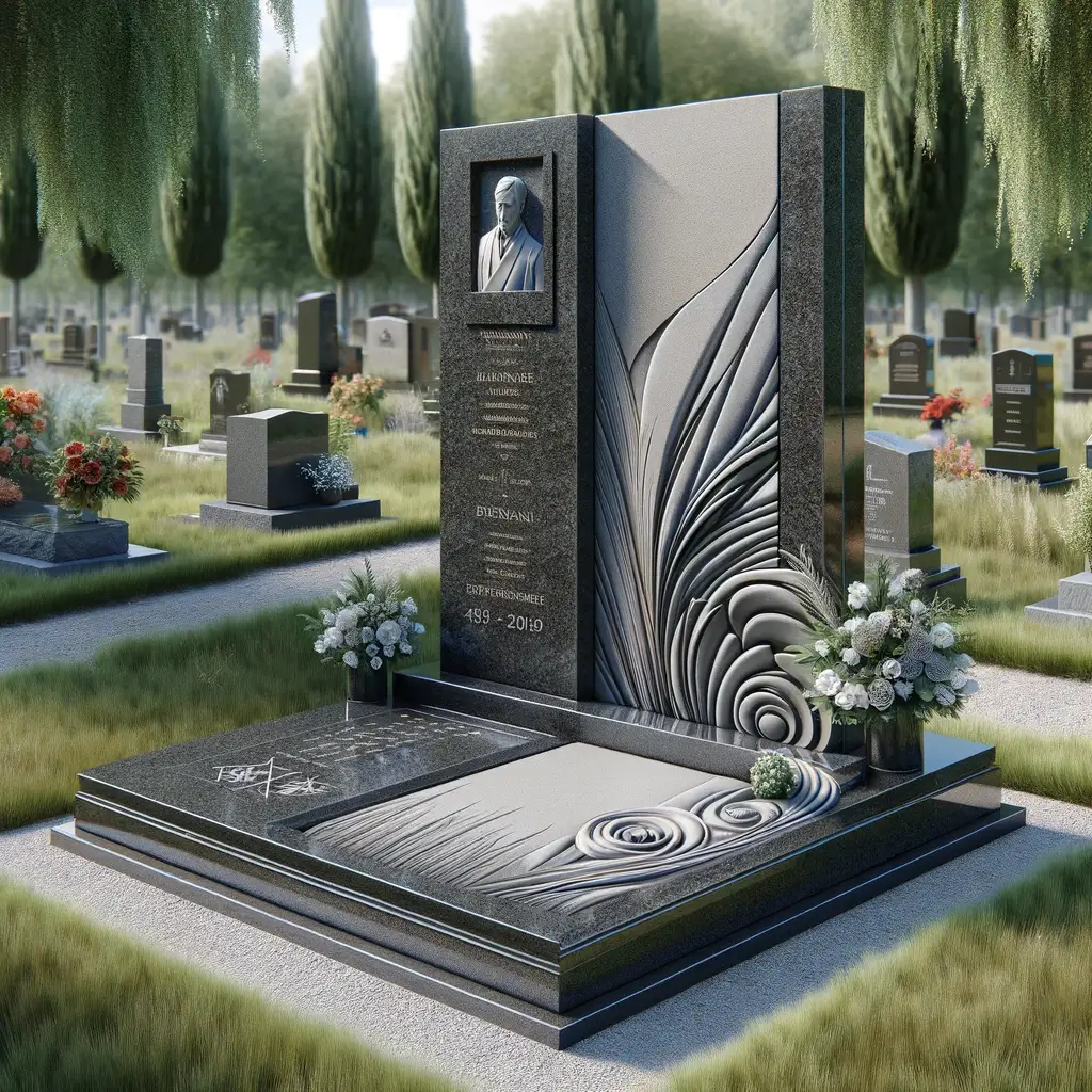 Nowoczesny pomnik na polskim cmentarzu z czarnego granitu z rzeźbą i kwiatami