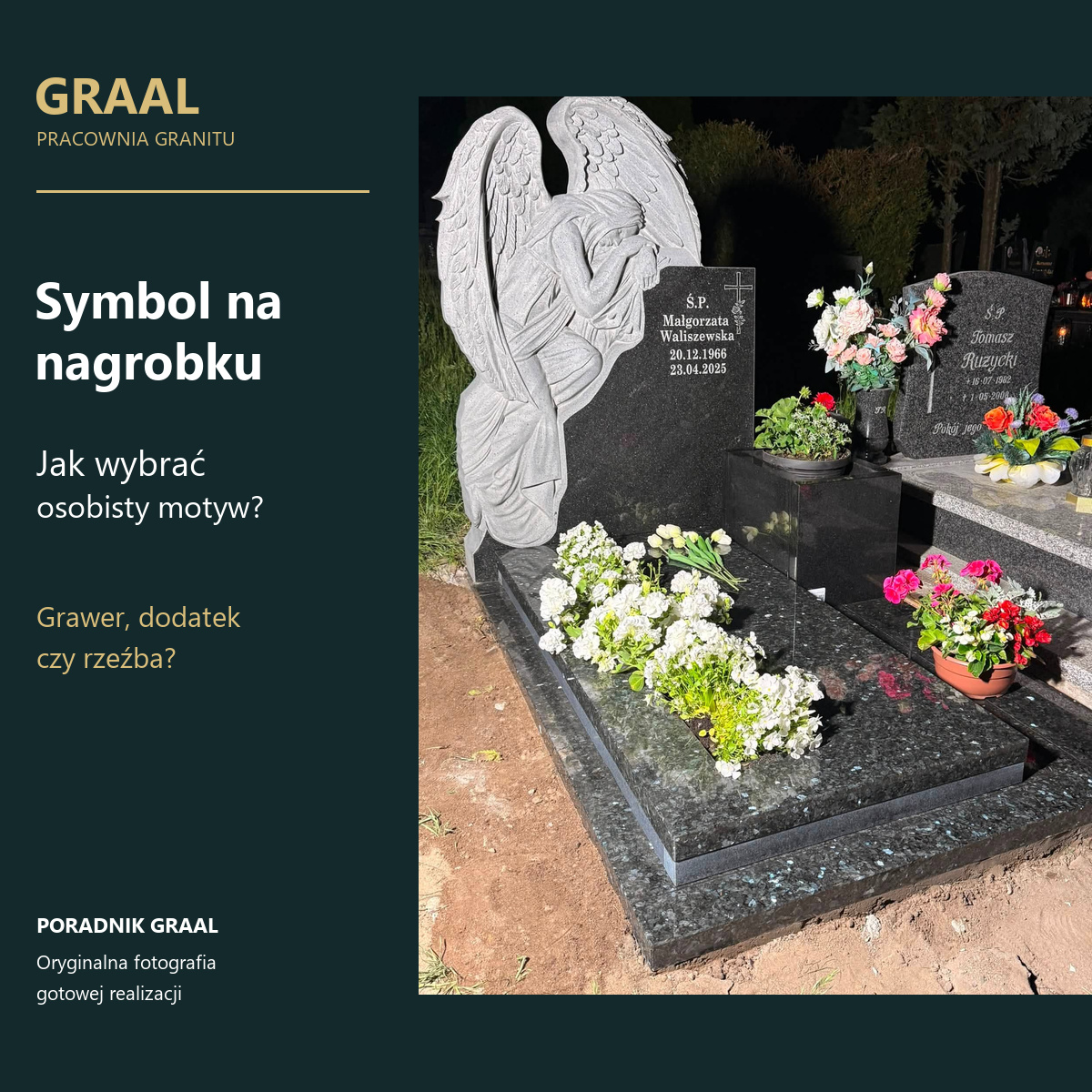 Symbole na nagrobkach — poradnik GRAAL z oryginalną fotografią anioła obok ciemnej tablicy