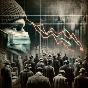 Czy Wielki Kryzys powtórzy się po pandemii COVID-19? Ludzie w maskach, spadające wykresy, zamknięte sklepy i długie kolejki po żywność