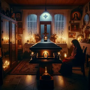 Dlaczego nie można zostawiać zmarłego samego w domu - osoba modli się z zapaloną świecą