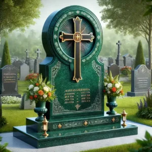 Zielony nagrobek z granitu na polskim cmentarzu, z wypolerowaną powierzchnią i wzorem krzyża, otoczony kwiatami i zielenią