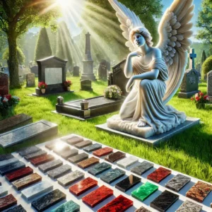 Granit na nagrobek: próbki różnych kolorów na pierwszym planie, biały marmurowy pomnik z aniołem w tle europejskiego cmentarza w słoneczny dzień