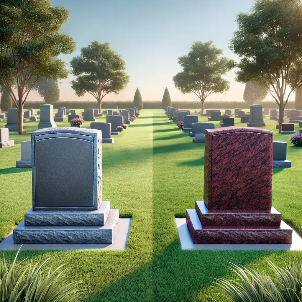 Porównanie dwóch nagrobków: tańszy szary granit o prostym designie i droższy ciemnoczerwony granit o bogatym kolorze i polerowanym wykończeniu na tle zielonej trawy i nieba