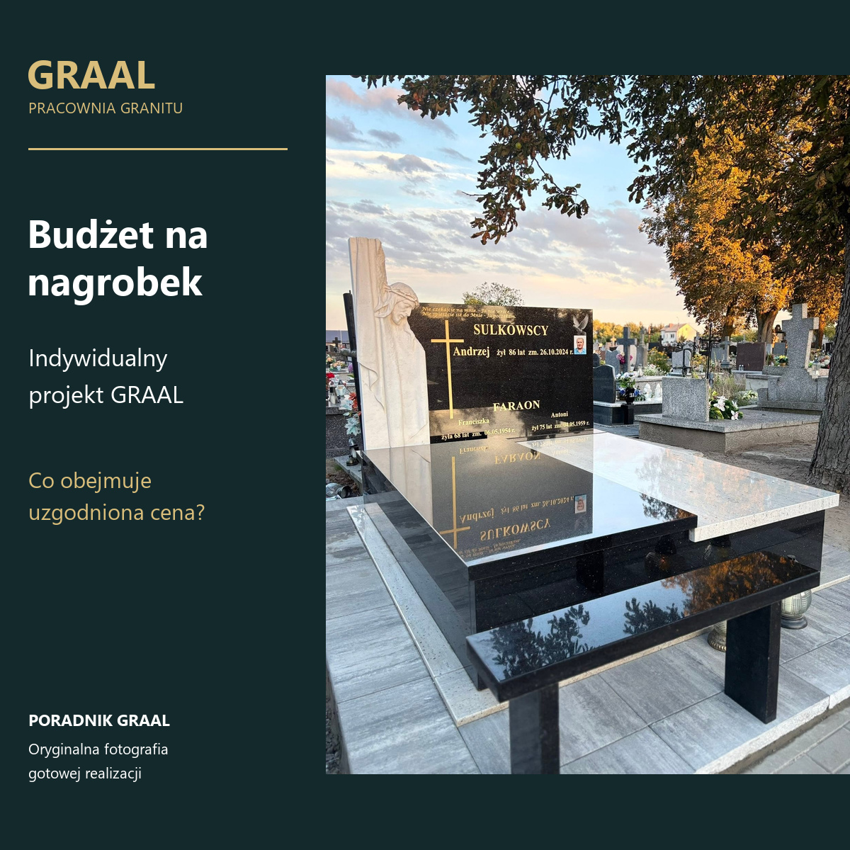 Budżet na nagrobek — poradnik GRAAL z oryginalną fotografią pomnika z jasnym krzyżem i rzeźbionym wizerunkiem Chrystusa