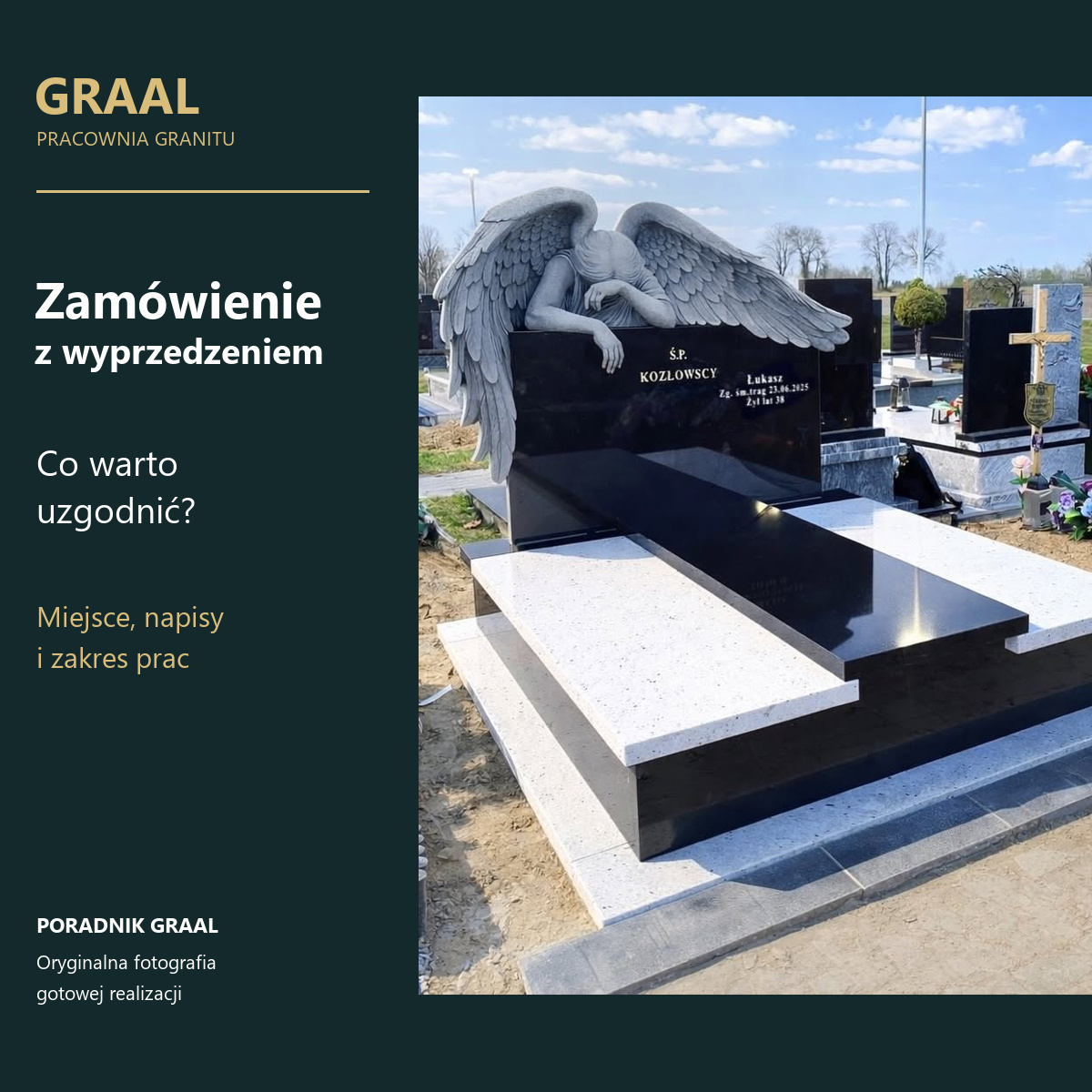 Zamówienie nagrobka z wyprzedzeniem — poradnik GRAAL z oryginalną fotografią pomnika z aniołem i trzema polami poziomej kompozycji