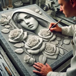 Grawer na pomniku - artysta graweruje portret kobiety z różami