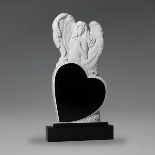 Tablica nagrobna granitowa w kształcie serca z aniołem i kwiatami A78