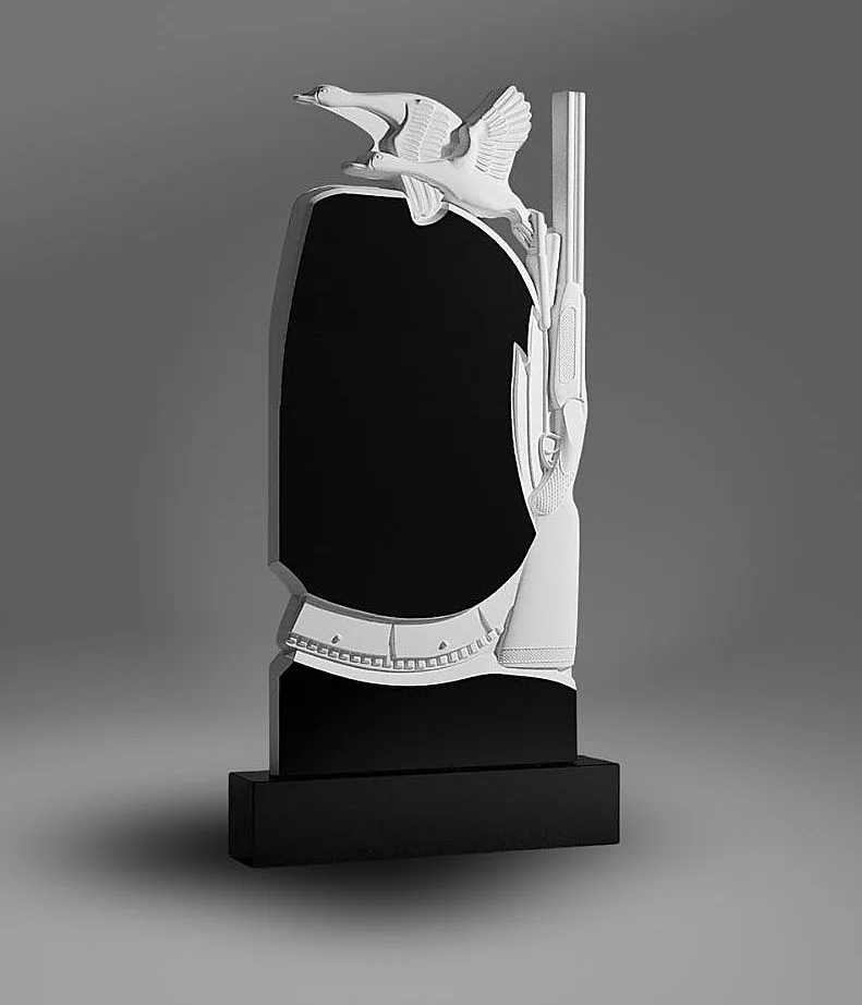 Artystyczna granitowa tablica nagrobkowa z rzeźbioną kaczką w locie i motywem myśliwskim A117 zdjęcie 15