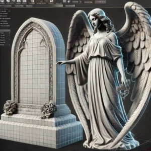 3D modelowanie nagrobków z rzeźbą anioła przy kamiennej płycie, precyzyjne detale.