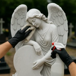 Precyzyjne mycie twarzy marmurowej rzeźby anioła na pomniku nagrobnym