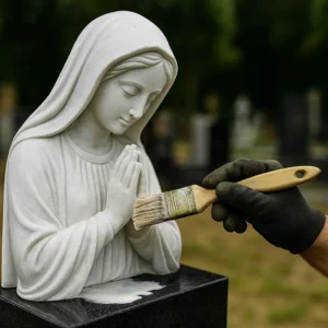 Nakładanie preparatu ochronnego na marmurową figurę Matki Boskiej