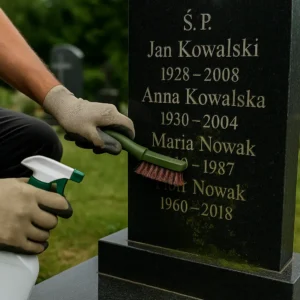 Ręczne czyszczenie liter inskrypcyjnych na granitowym nagrobku z użyciem szczotki i preparatu czyszczącego