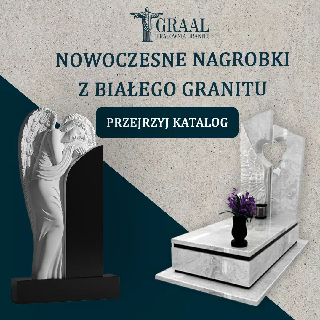 katalog nagrobków z białego granitu z rzeźbą anioła GRAAL
