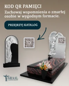 nowoczesny pomnik granitowy z kodem QR i rzeźbą anioła