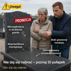 Starsza kobieta i mężczyzna wskazują wady nagrobka z wystawy – rdza, pęknięcia, brak montażu
