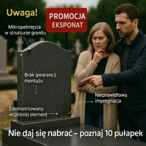 Kobieta i mężczyzna analizują nagrobek z promocji – widoczne mikropręknięcia, brak gwarancji montażu i ślady demontażu