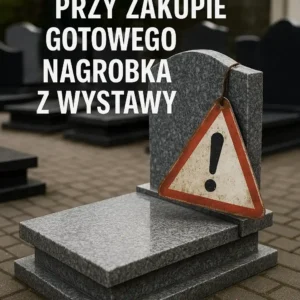 Szary granitowy nagrobek z tabliczką ostrzegawczą – potencjalne pułapki przy zakupie ekspozycyjnego nagrobka