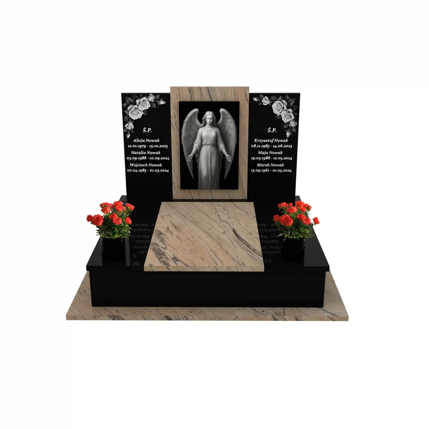 Nagrobek podwójny z grawerem anioła i kwiatami z granitu CK 102+360 – photo №12