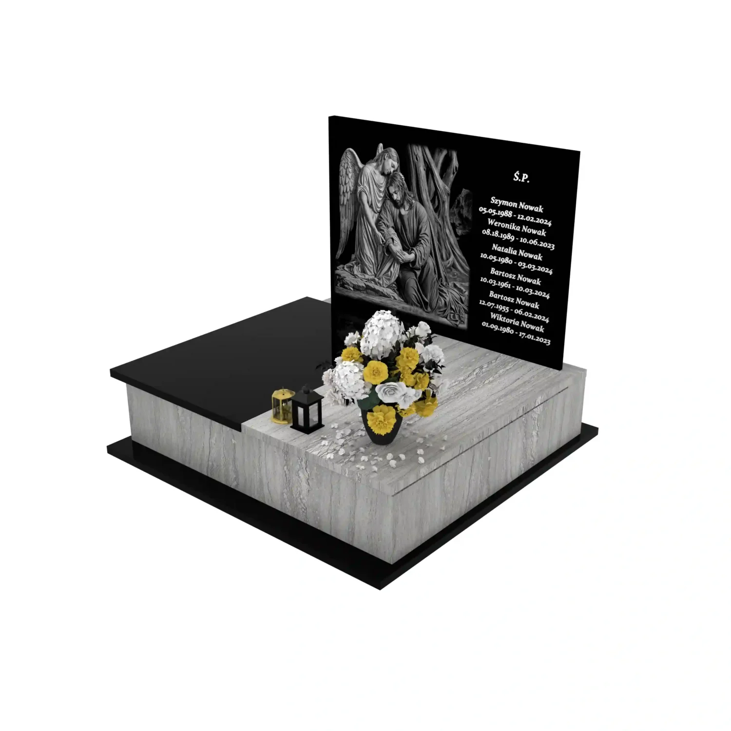 Nagrobek podwójny z precyzyjnie wykonanym grawerem anioła i jezusa z granitu CK 109+360 – photo №1