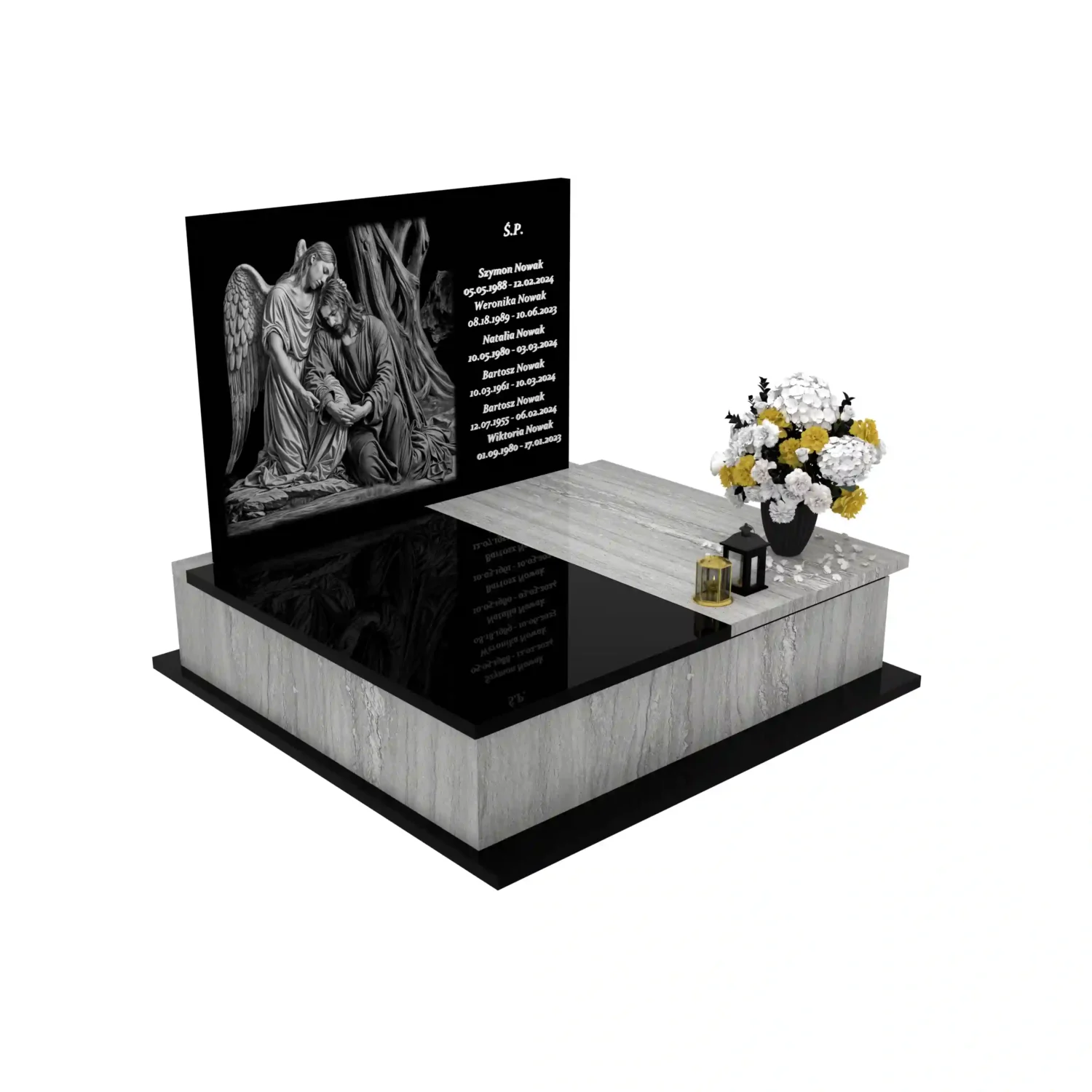 Nagrobek podwójny z precyzyjnie wykonanym grawerem anioła i jezusa z granitu CK 109+360 – photo №11