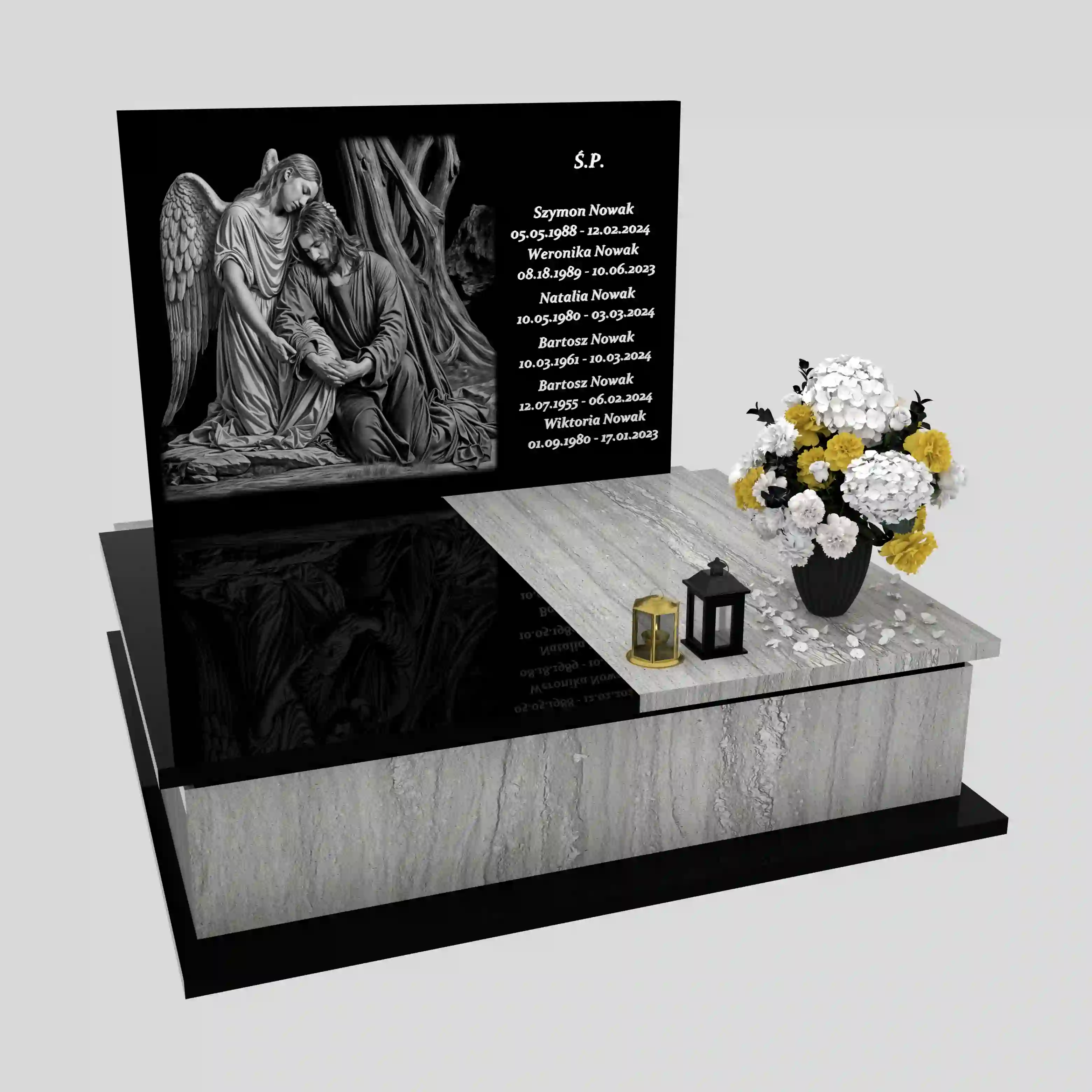 Nagrobek podwójny z precyzyjnie wykonanym grawerem anioła i jezusa z granitu CK 109 zdjęcie 29
