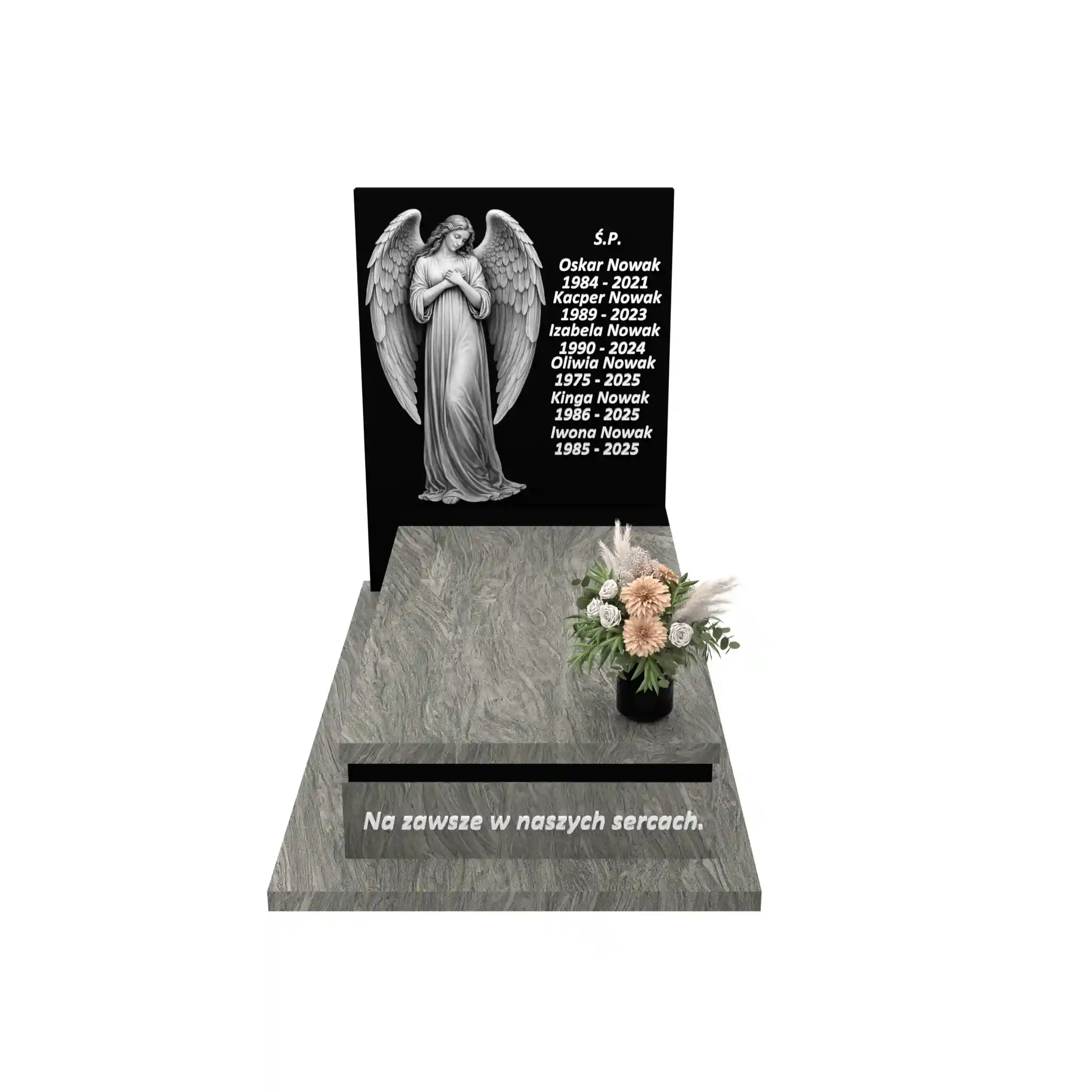 Nagrobek pojedynczy z grawerem anioła z otwartymi skrzydłami, wykonany z dbałością o każdy detal z granitu CK 169+360 – photo №12