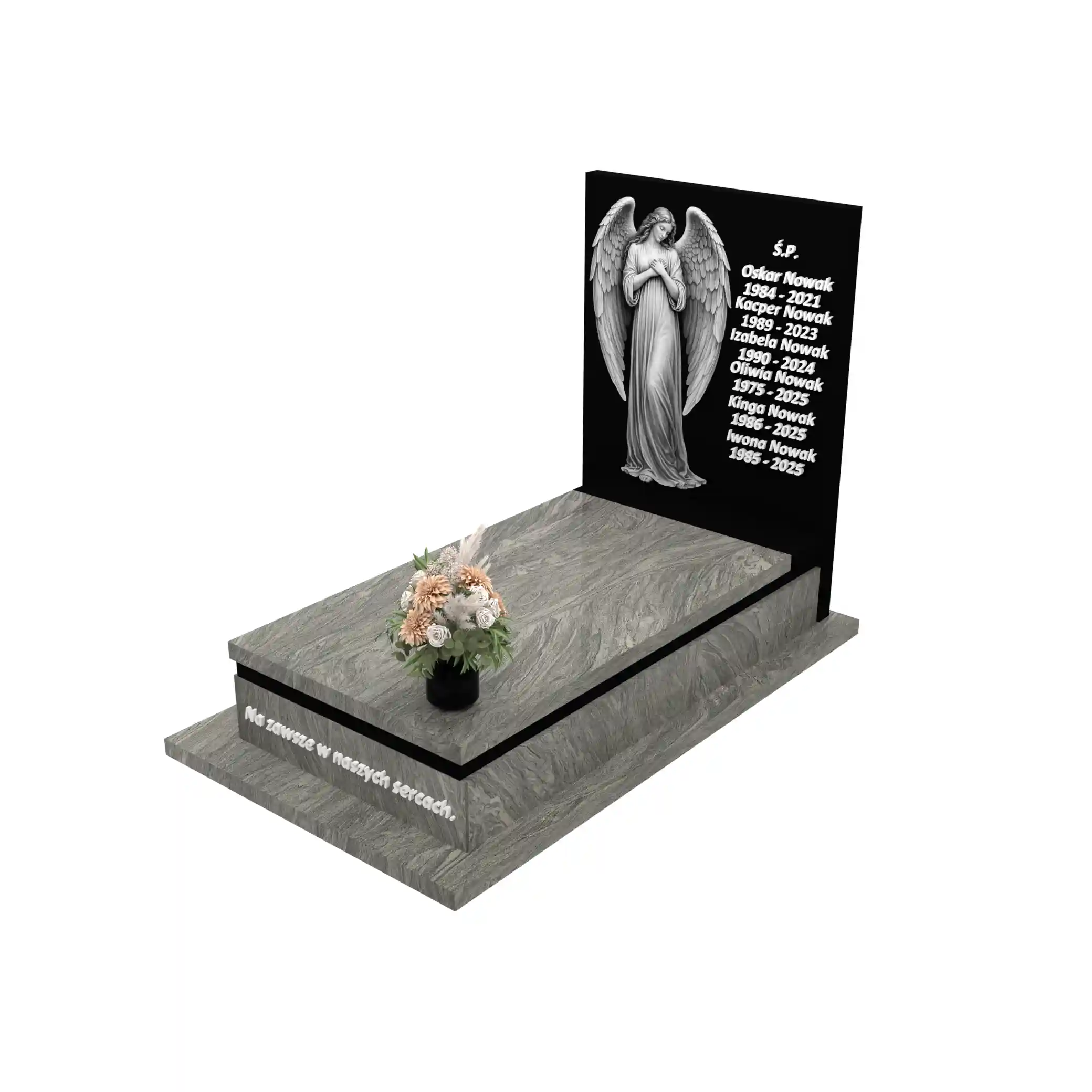 Nagrobek pojedynczy z grawerem anioła z otwartymi skrzydłami, wykonany z dbałością o każdy detal z granitu CK 169+360 – photo №1