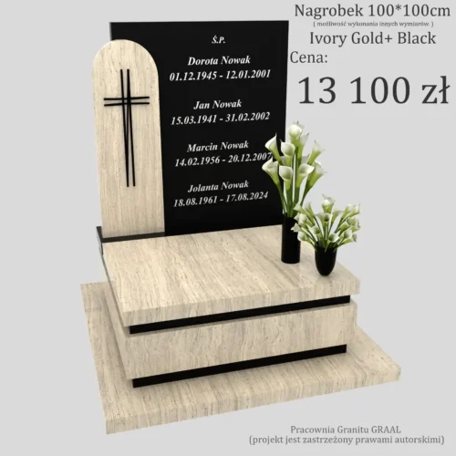 Elegancki nagrobek urnowy z krzyżem wykonany z granitu Ivory Gold, klasyczny pomnik.