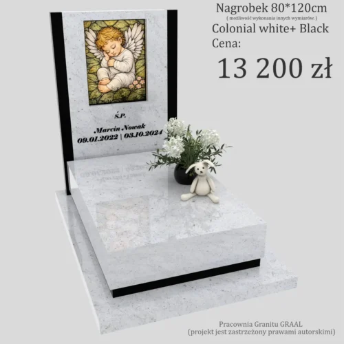 Nagrobek dla dziecka – witraż aniołka, jasny granit, nowoczesny pomnik