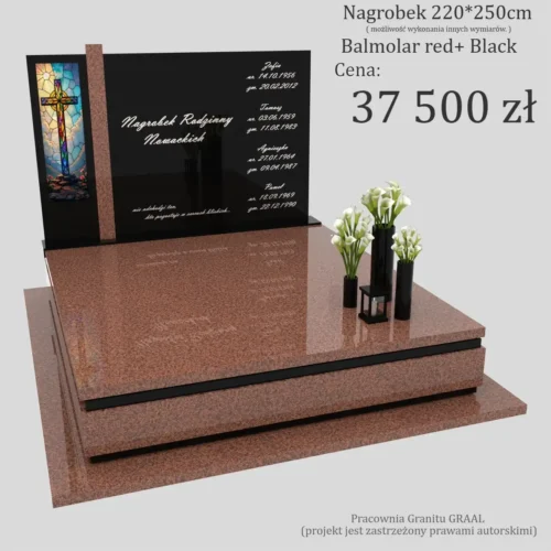 Nagrobki podwójne z witrażem krzyża, granit Balmoral Red