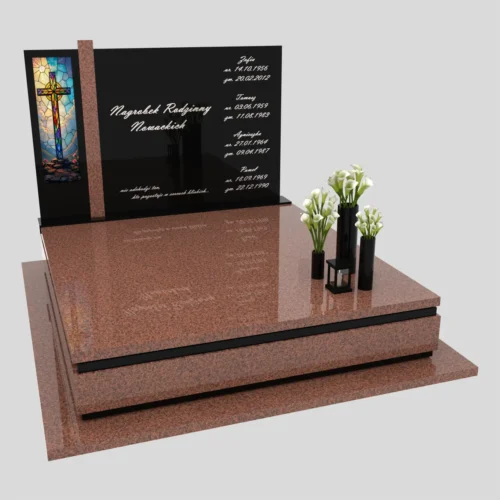 Nagrobki Warszawa | nagrobki podwójne z dekoracyjnym witrażem krzyża z granitu balmolar red