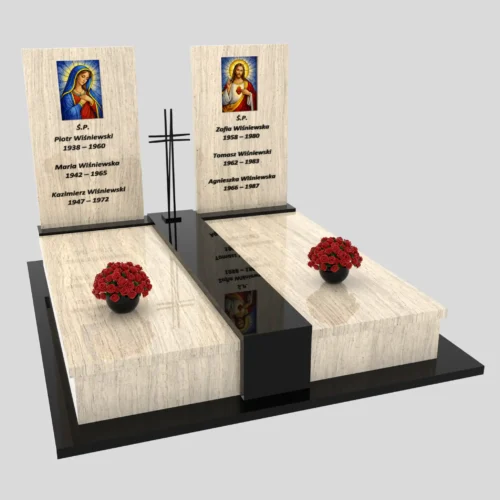 Nagrobki Warszawa | nagrobki podwójne z witrażem Matki Boskiej oraz Jezusa z granitu Ivory gold