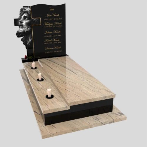 Nagrobki Warszawa | nagrobki pojedyncze z grawerem Jezusa oraz rzeźbą krzyża z granitu prada gold