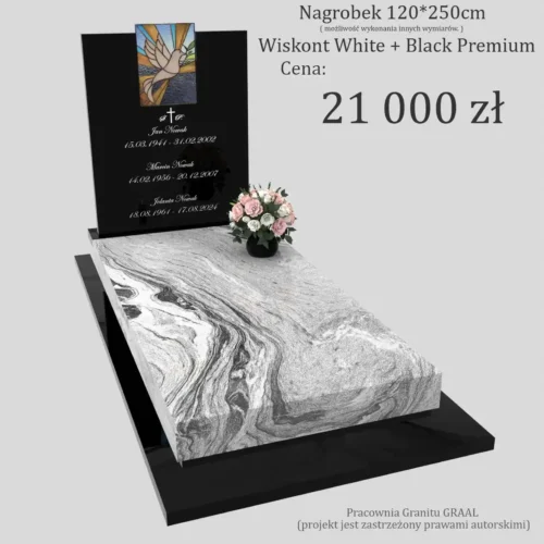 Nagrobki pojedyncze z witrażem gołębia, granit Viscont White