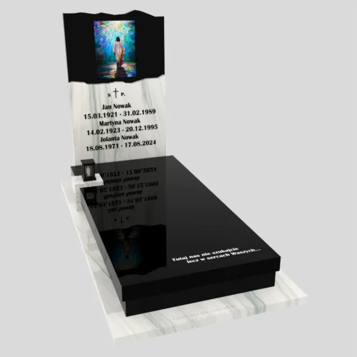 Nagrobki Warszawa | nagrobki pojedyncze z religijnym witrażem Jezusa z granitu macaubas