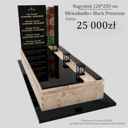 Nagrobki pojedyncze z witrażem róż, czarny granit i jasna obudowa