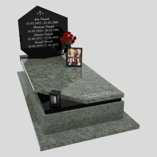 Rodzinny nagrobek pojedynczy w nowoczesnym stylu z fotografiami wykonany z granitu oliver green