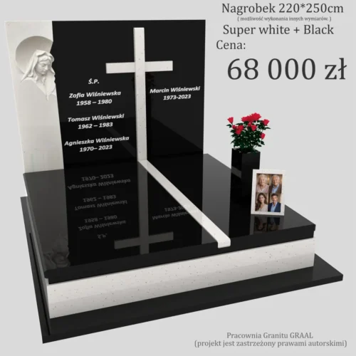Nagrobek podwójny z rzeźbą Matki Boskiej i krzyża | nagrobki podwójne wzory i ceny