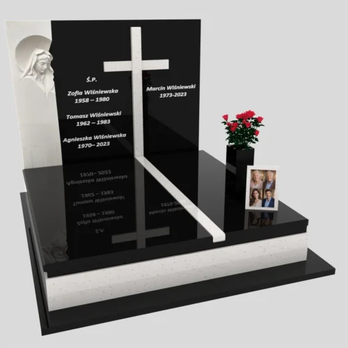 Nagrobek podwójny z rzeźbą Matki Boskiej i krzyża | nagrobki podwójne wzory i ceny