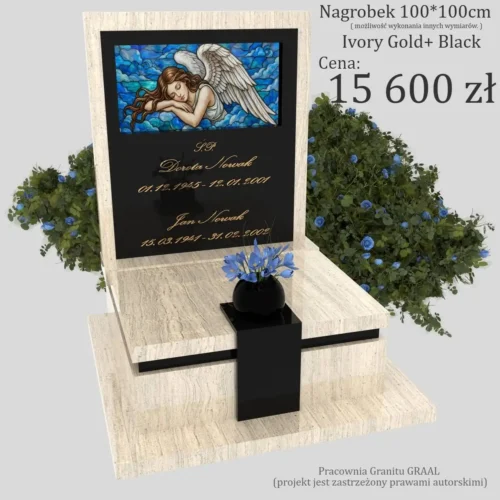 Nagrobki urnowe z witrażem – anioł, jasny granit, nowoczesny wzór