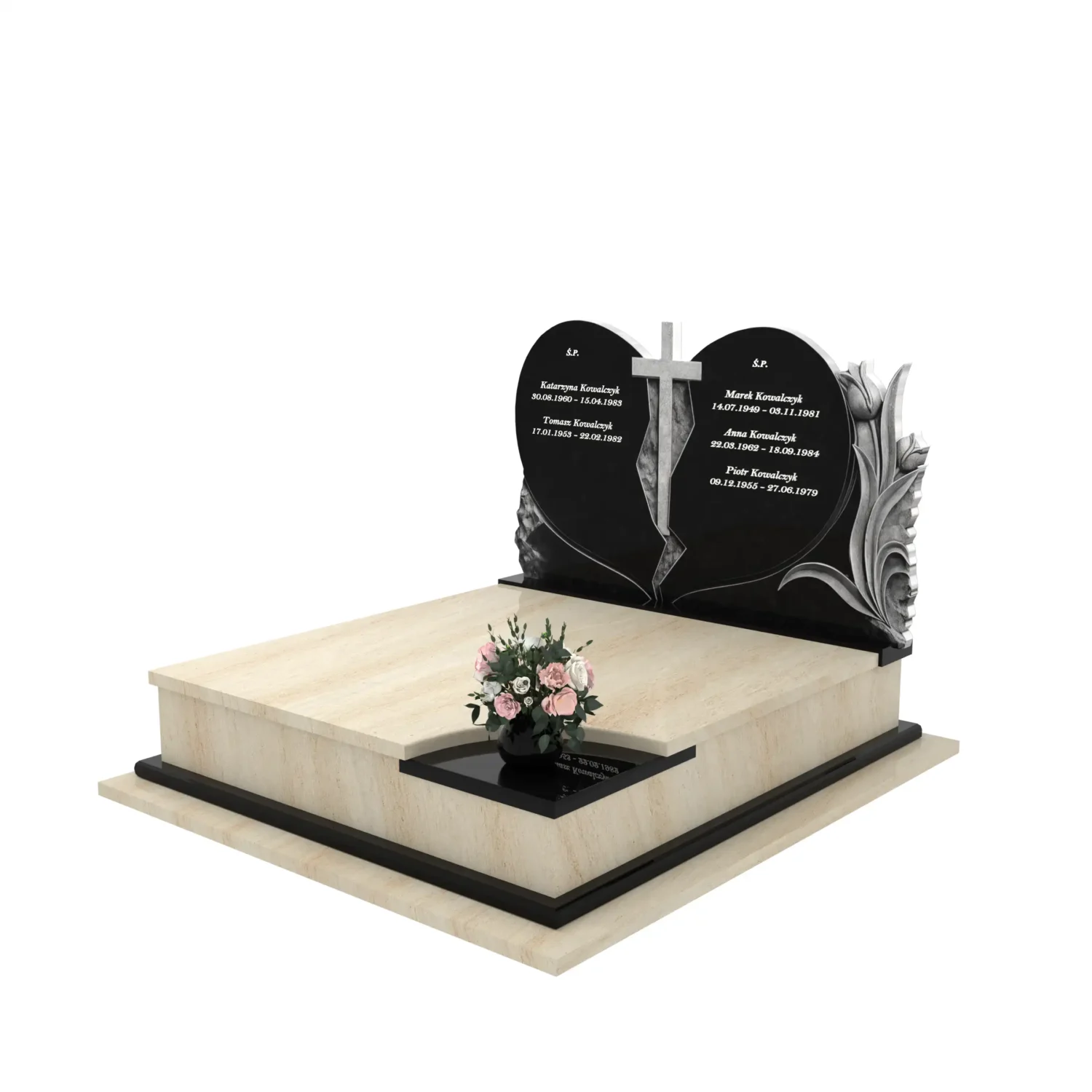 Nagrobek podwójny z rzeźbą serca i kwiatów CK 119+360 – photo №1