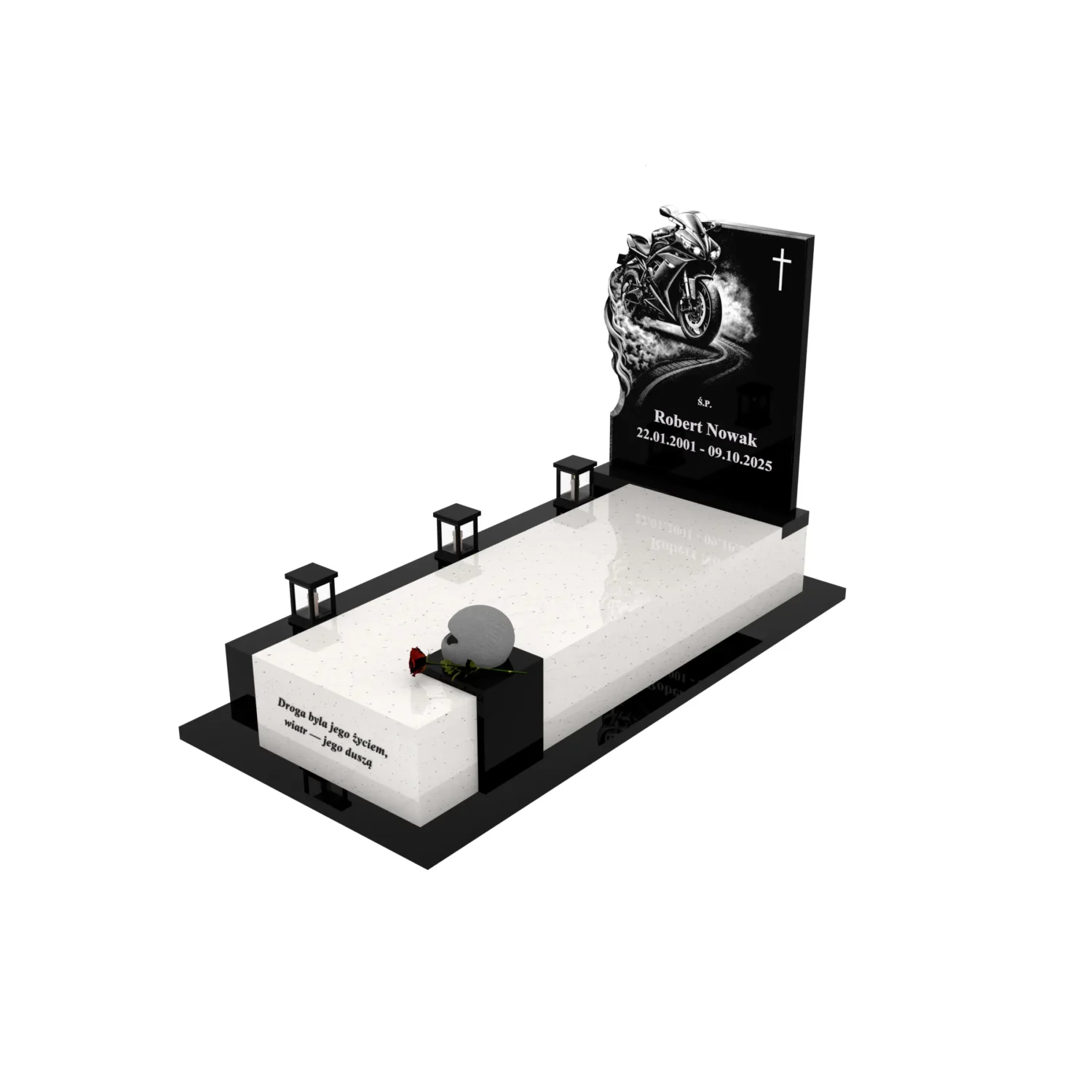 Nagrobek pojedynczy z grawerem motora i rzeźbą kasku K 131+360 – photo №1
