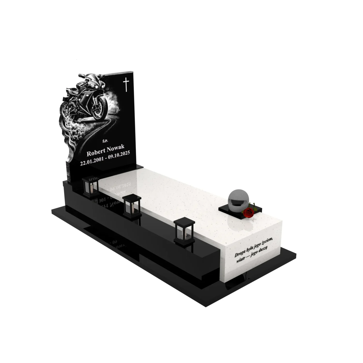 Nagrobek pojedynczy z grawerem motora i rzeźbą kasku K 131+360 – photo №11